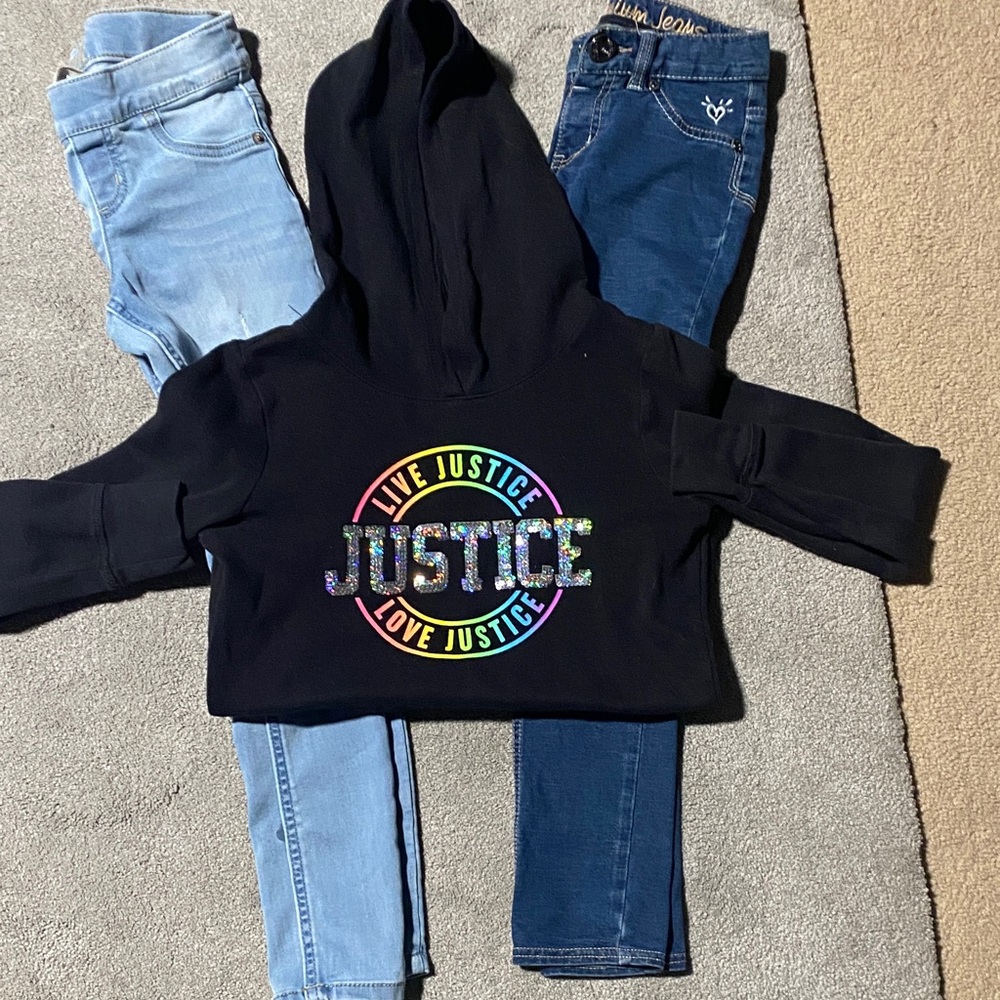 Justice Black Hoodie with Rainbow Glitter Logo